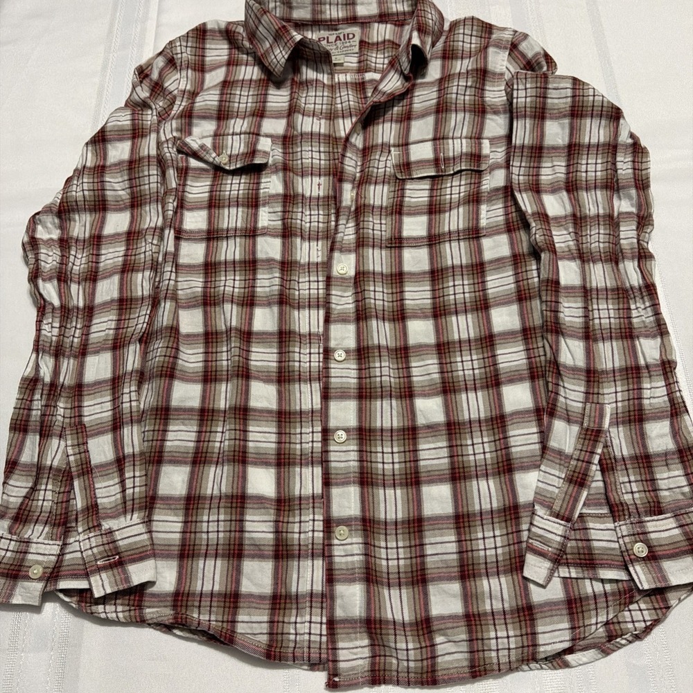 Old Navy Plaid Button Down Shirt Mens Medium Red White Brown Long Sleeve Pocket